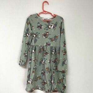 H&M Green Girls Forest Animal Pattern Long Sleeve Dress Size 6X/7